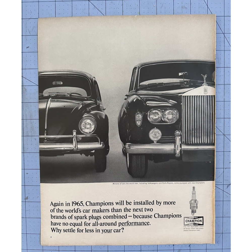 1964 Print Ad Champion Spark Plugs Volkswagen Bug Rolls Royce Vintage